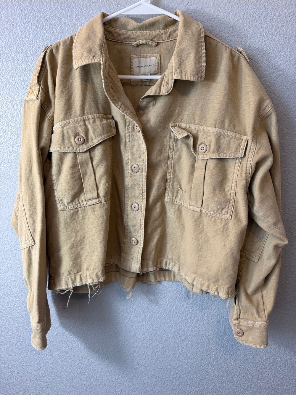 American Eagle Outfitters Cropped Utility Jacket in Tan-Distressing